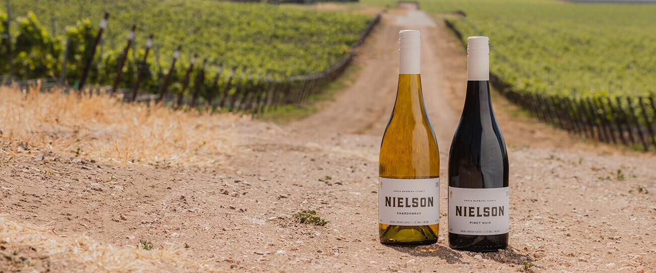 Two bottles of Nielson wine sitting in a vineyard